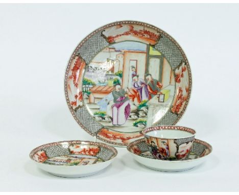 A small quantity of Chinese Mandarin palette items, late 18th Century, all decorated figures in a garden and with landscape p