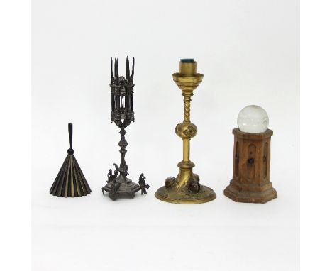 A gothic plated taper stick with lantern column, a brass gothic candlestick with tiger's eye to the base, an oak stand set a 