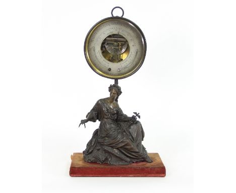 A 19th Century French aneroid barometer and thermometer, on a spelter figural base, presentation inscription to base, 54cm hi