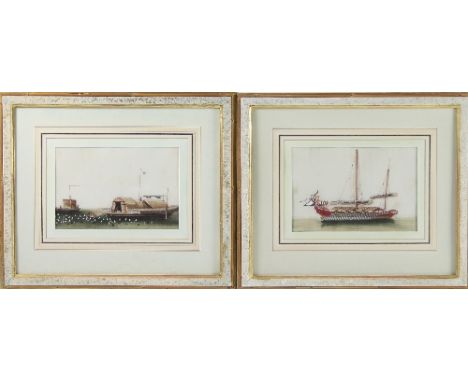 20th Century Chinese School/Floating Platform with Geese and Three Barges/four watercolour drawings on rice paper, 18cm x 27c