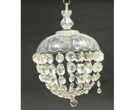 A pair of cut glass ceiling light shades, hung prismatic drops