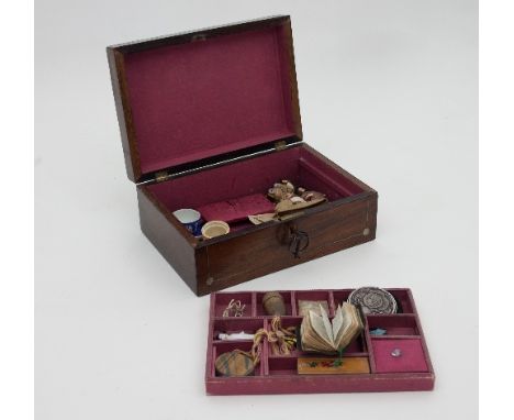 A mahogany and mother-of-pearl inlaid workbox, containing two silver propelling pencils, a silver stamp envelope, miniature d