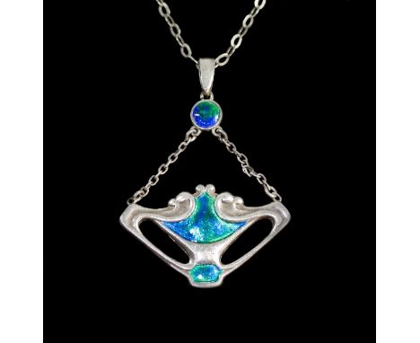 An Arts & Crafts silver and enamel necklace by Charles Horner, Chester 1919, the stylised triangular pendant with swirling sp