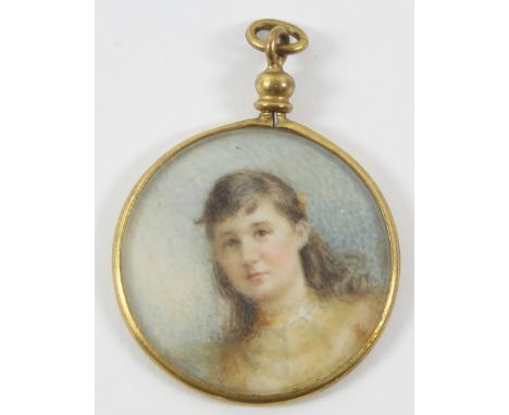 20th Century English School/Portrait Miniature of a Young Girl/head and shoulders/watercolour on ivory, 3cm diameter Conditio
