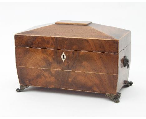 A 19th Century mahogany and satinwood tea caddy of sarcophagus form on four brass paw feet