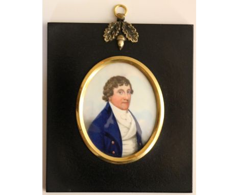Frederick Buck, Irish School, c. 1771 - 1840Miniature: A good oval half length "Portrait of Man in Blue Velvet Jacket," appro