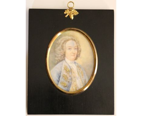 Miniature: Head and shoulders, "Portrait of Gentleman with wig, in profusely decorated blue coat," on ivory, approx. 10.5cms 