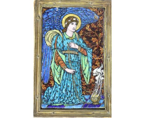 A Continental polychrome decorated enamel Panel, depicting medieval woman, holding a tourable, 15cms x 10cms (6" x 3 3/4"). (