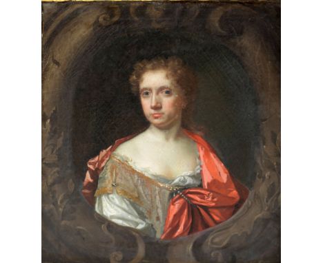 Attributed to Garret Morphy, (1650 - 1716)A good half-length "Portrait of Young Lady in low cut Dress and red shawl, within a