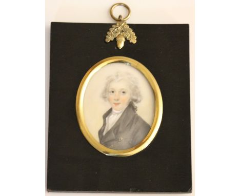 Horace Hone, Anglo-Irish School, (c. 1755 - 1826) Miniature: Attractive oval half length "Portrait of Young Man with grey hai