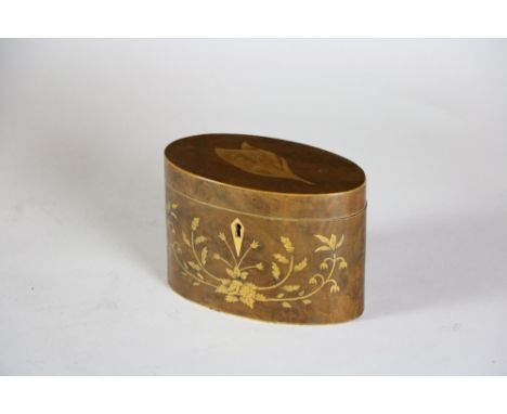 A 19th Century oval birds-eye walnut and marquetry inlay Tea Caddy, with hinged cover, 15cms (6"). (1)Dimensions:  10cms high