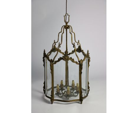 A fine quality and decorative Regency style brass Hall Lantern, five shaped glass panels mounted with shell and scroll decora