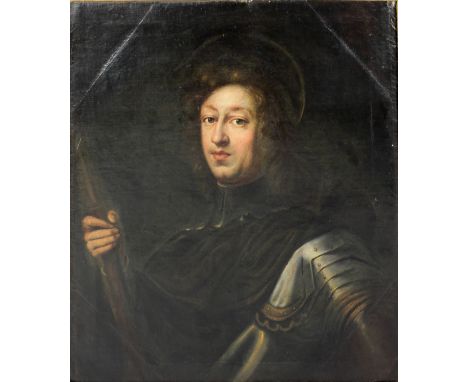 18th Century Italian School"Portrait of a Man," O.O.C., depicting a young Gentleman with curly hair in military attire holdin