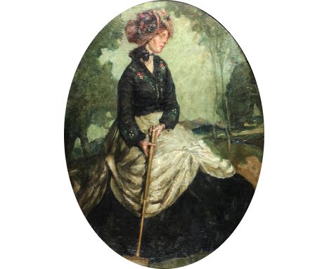 Early 20th Century English SchoolAn attractive oval painting, "Lady seated in a landscape with an elaborate black and white d