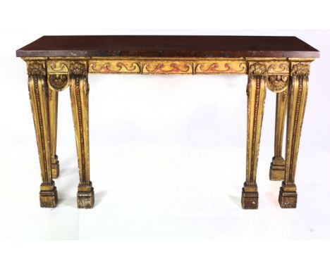 An important George II English breakfront Console Table, in the manner of William Kent, with assimilated marble top over a fr