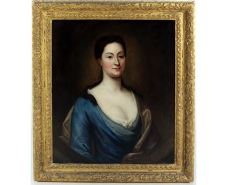 Late 18th Century Irish School"Portrait of an elegant Young Lady, with black hair, wearing a low cut blue dress, and grey sha