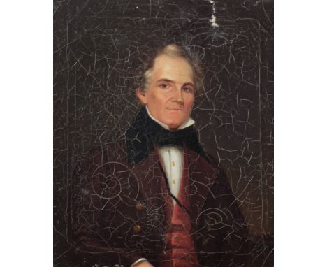 19th Century Continental SchoolHalf-length "Portrait of Gentleman with black collar and red waistcoat," O.O.C., 30cms x 25cms