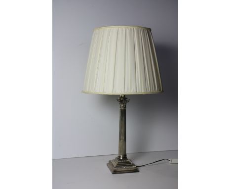 A good quality silver plated Corinthian column Table Lamp, on gadroon step base with cream pleated shade, approx. 81cms (32")