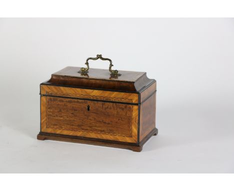 A fine George III period plum pudding mahogany casket shaped Tea Caddy, all panels crossbanded in kingwood and chequered inla