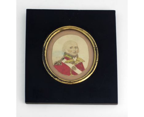 Early 19th Century Irish School Miniature: Oval "Portrait of a Redcoat Officer," in black and gilt frame. (1)