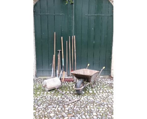 A collection of Garden and other Tools, an old Wheel Barrow, and a Garden Roller. A lot. (1)