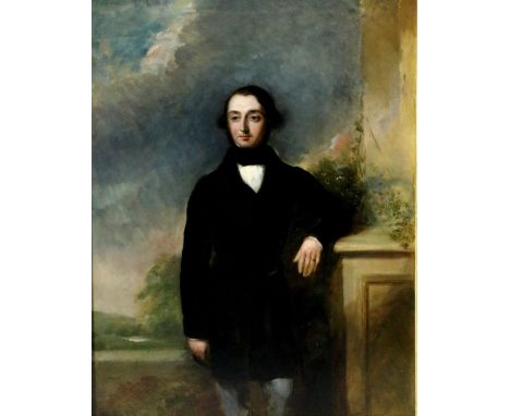 Edward Hayes (Irish 1797 - 1864) "Portrait of a Gentleman," three quarter length, with landscape beyond, O.O.P., 56cms x 36cm