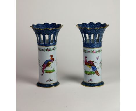 A very attractive pair of Copeland Spode porcelain Vases, in the Chelsea style, decorated with exotic birds, 18" (46cms), wit