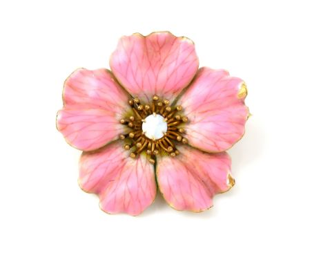 Gold and pink enamel poppy brooch, the centre set with a small opal, in unmarked gold C1900  Provenance; Collection of US Pre