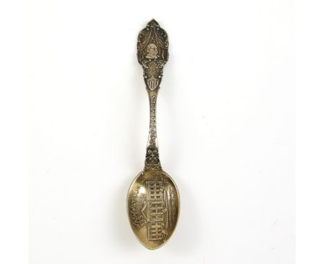 American silver teaspoon, the handle embossed with image President Grover Cleveland (1837-1908) Motto ' Populi Vox Dei,' and 