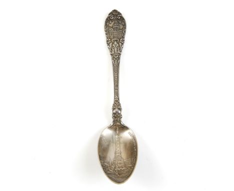 American sterling silver teaspoon, the handle embossed with the State House building, the stem reading 'Indianapolis', the bo