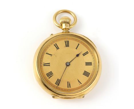 Gold open faced  pocket watch,  the dial with engine turned decoration, French Minerva mark and stamped  18 ct, case 5 cm  di