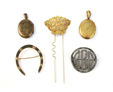 Group of items to include, an enamel and pearl horse shoe brooch, in 14 ct gold, hair pin and gilt metal lockets   Provenance