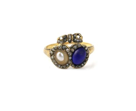Antique ring, Lapis lazuli and pearl set ring within a border of old cut diamonds,Provenance; Collection of US President Grov