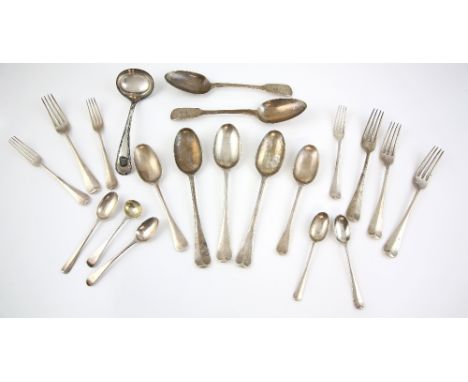 Selection of silver plated cutlery all engraved with the Bosanquet crest, comprising three Old English pattern dessert forks,