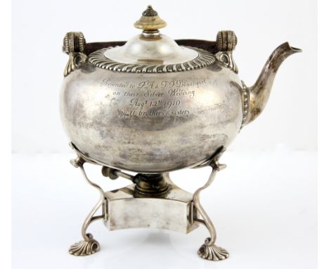 Edward VII silver tea-kettle on stand, the squat oval body inscribed 'Presented to F.A. &amp; P.F. Bosanquet on their Silver 