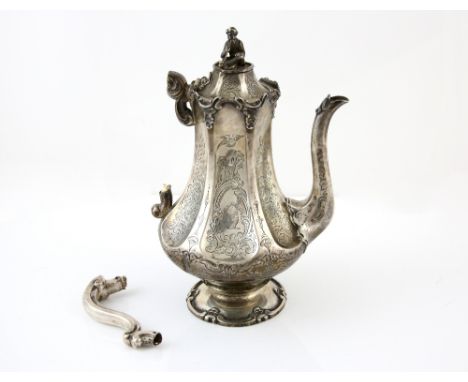 Victorian silver coffee pot, by John Angell II &amp; George Angell, London 1843, the hexagonal body with concave lobes, each 