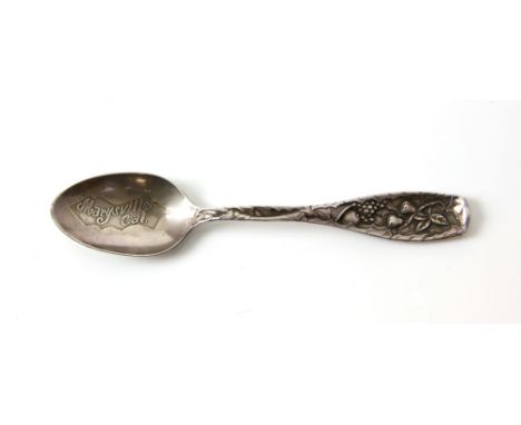 American silver tea spoon, floral embossed handle and stem  bowl engraved Marysville Cal (California) verso engraved, 'Compli