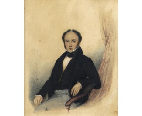 ENGLISH SCHOOL, C1840 A LADY; A GENTLEMAN  a pair, half length in armchairs, ink and watercolour, 21.5 x 28cm, contemporary r