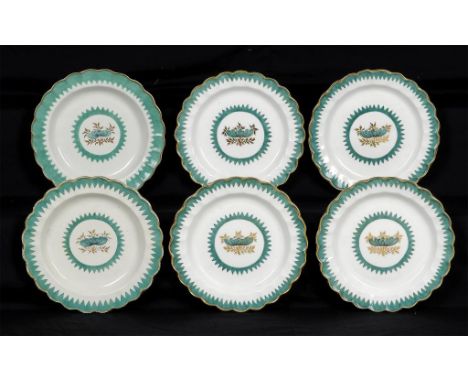 A PAIR OF WORCESTER FRENCH GREEN GROUND PLATES, C1770-72 AND FOUR LATER PLATES EN SUITE   of saw tooth pattern, 22cm diam++Th