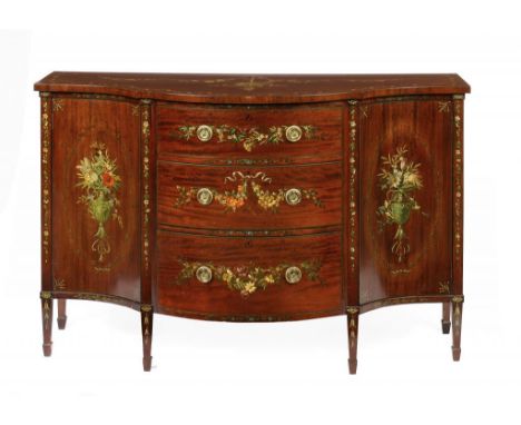 AN EDWARD VII NEO-CLASSICAL STYLE PAINTED MAHOGANY COMMODE, C1900 the top, front and sides painted with urns, trophies and sw