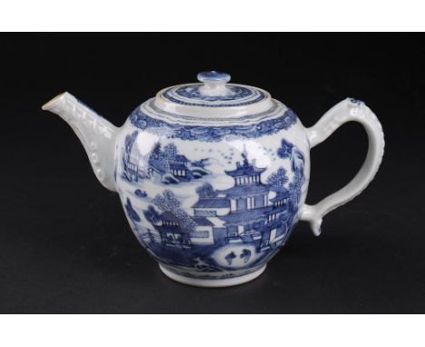 A CHINESE EXPORT PORCELAIN BLUE AND WHITE TEAPOT AND COVER, C1780  12.5cm h++Minute graze on tip of spout, traces of gilding 