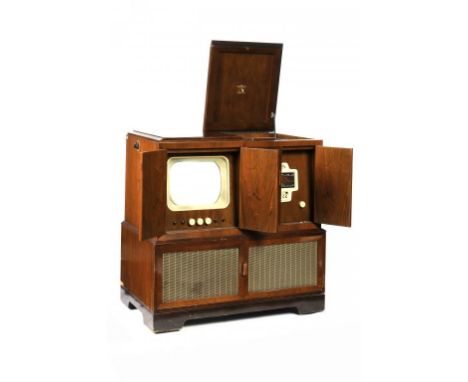 AN HMV WALNUT MODEL NO 5092B TELEVISION, RADIO AND RECORD PLAYER, GRAND CONSOLE, C1950  Serial No Z/17 3471, 110cm h; 64 x 11