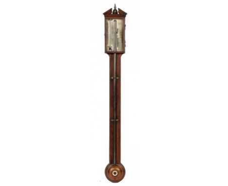 A SCOTTISH MAHOGANY AND LINE INLAID EXPOSTED TUBE STICK BAROMETER, C1820 signed F BERTOLA EDINR., with vernier and alcohol th