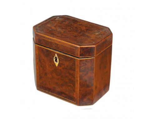 A GEORGE III YEW WOOD AND BURR YEW TEA CADDY, C1800 crossbanded in rosewood,  12.5cm w++A very original example retaining the