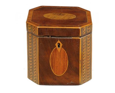 A GEORGE III MAHOGANY, TULIPWOOD AND HAREWOOD TEA CADDY, C1800  11cm w++One or two slight faults, the interior lacking the de
