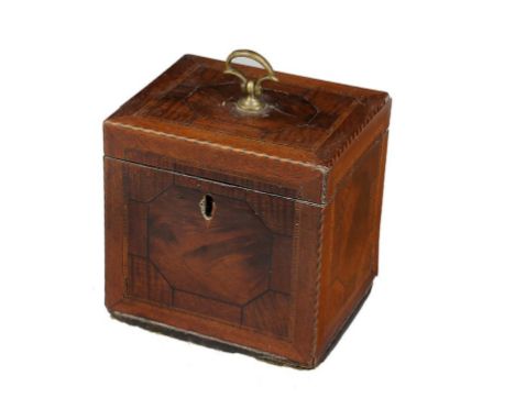 A GEORGE III SPECIMEN WOOD TEA CADDY, C1780  principally of highly figured mahogany and string inlaid, 12cm w++Minor scratche