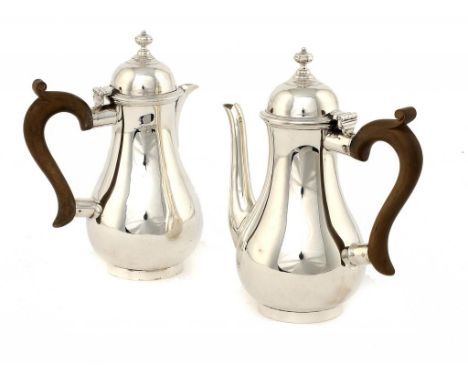 TWO GEORGE V SILVER BALUSTER CAFE AU LAIT POTS  18.5cm h, both Birmingham, by  E S Barnsley & Co Ltd, 1919 and by Adie Bros L