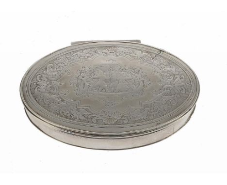 A GEORGE I SILVER SNUFF BOX  the lid flat chased with figures in strapwork cartouche with birds, standaway hinge, 8cm w, full