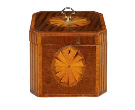 A GEORGE III MAHOGANY AND LINE INLAID TEA CADDY, C1800  with fan paterae and trompe l'oeil pilasters, 12cm w++Lock and handle