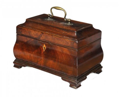 A GEORGE III MAHOGANY BOMBÉ TEA CADDY, C1780  the interior divided into three compartments, 25cm w++Lock and handle replaced,